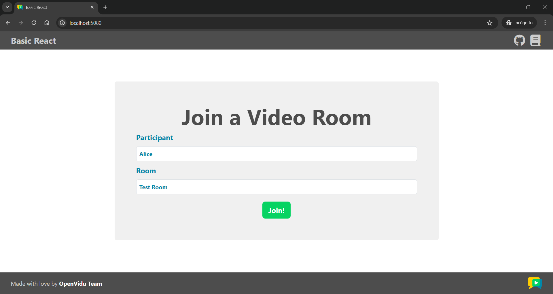 Join screen of the React tutorial app
