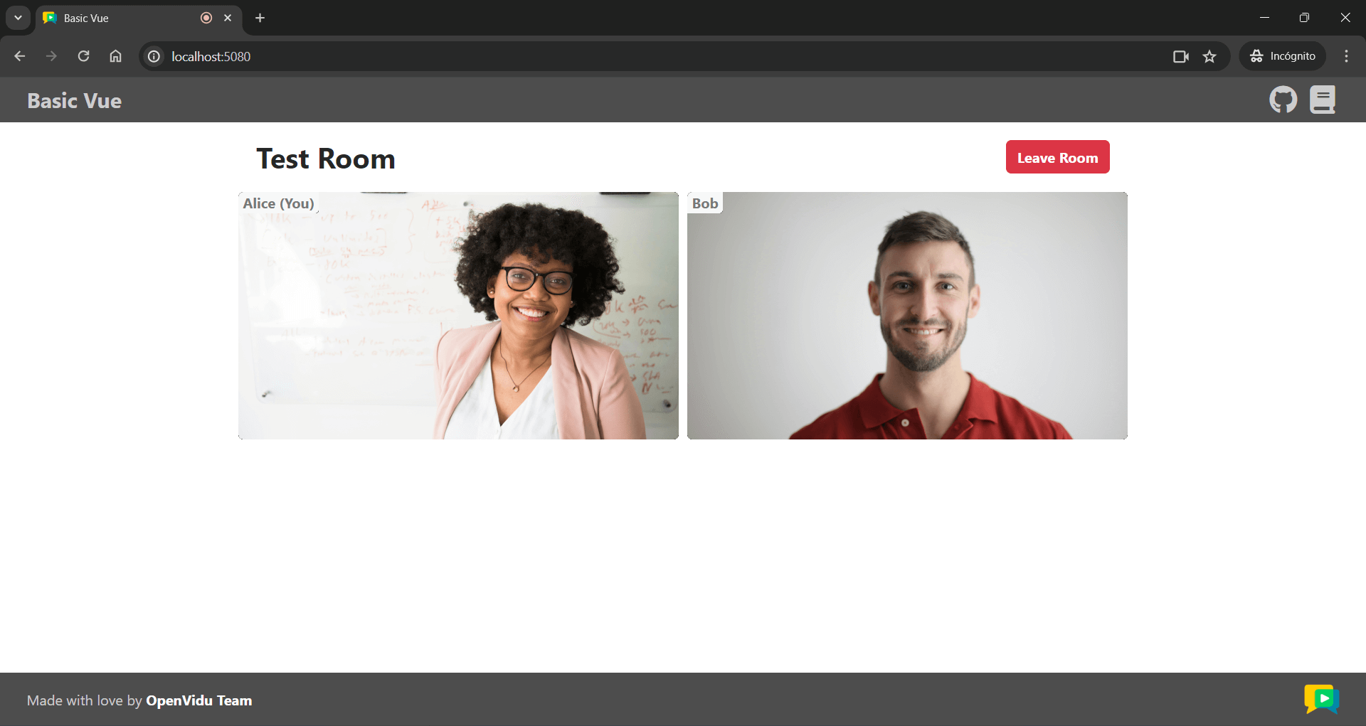 Video call room of the Vue tutorial app